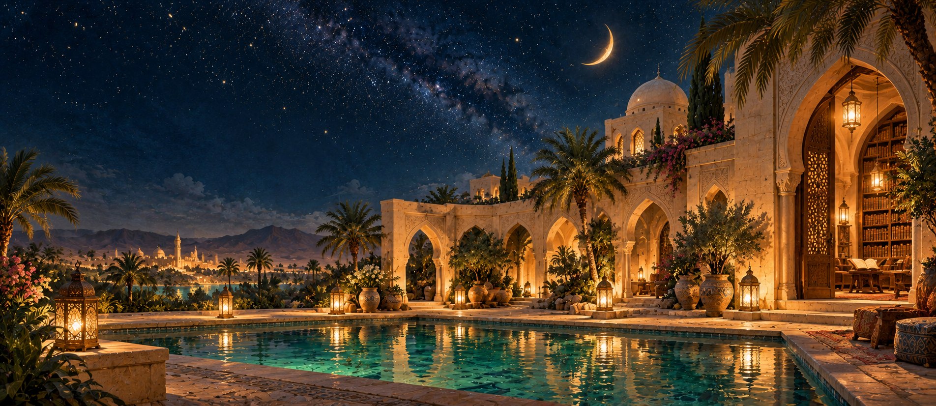Imagined moonlit Arabian landscape; symbolic illustration