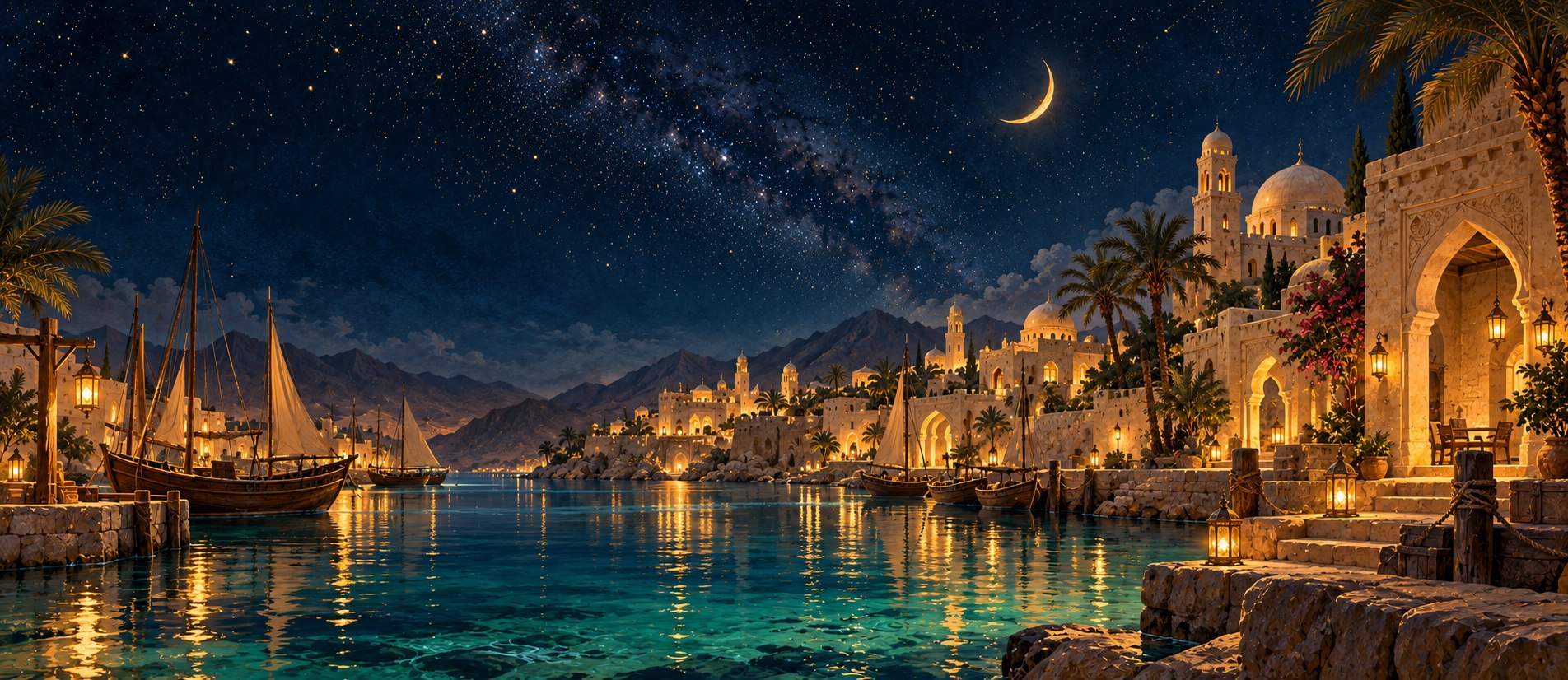 Imagined moonlit Arabian landscape; symbolic illustration