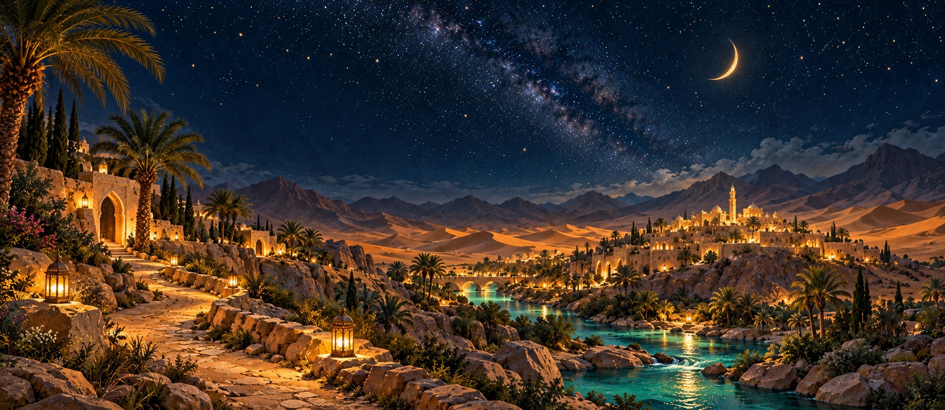 Imagined moonlit Arabian landscape; symbolic illustration
